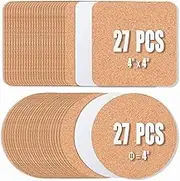 54 Pcs Cork Coasters 4 Inches With Adhesive, Sheets Mats Bulk for Drinks, Plants, DIY Crafts, Office - 27 Curved-Edge Squares Tiles and 27 Round Pads (4"x 4", AU)