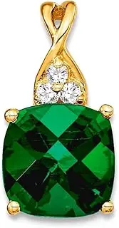 [JewelryWeb] 7mm 10k Solid Yellow Gold Checkerboard Created Emerald and Diamond Pendant Necklace-Pendant for Women