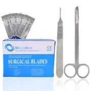 100 Sterile Surgical Blades #10 w/FREE Scalpel Knife Handle #3 & Stitch Scissor