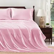 4 Pcs Satin Sheet Set Full Size Bed Sheets, Pink Satin Sheets Silky & Luxury Bed Set, Soft Deep Pocket Sheets Cooling Bed Set, 1 Fitted Sheet, 1 Flat Sheet, 2 Pillowcases