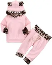 [Kashoer] 2Pcs Cute Newborn Baby Girls' Pink Leopard Hoodie T-Shirt Top + Pants Outfits Set