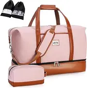 [Lekebobor] Travel Duffle Bag, Weekender Bags for Women Carry On Travel Bag Overnight Bag with Shoe Compartment Toiletry Bag, Quilted Pink, 50L