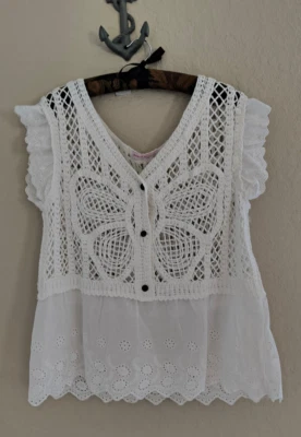 ANA ROSE Size L TUNIC TOP Crochet Eyelet Flutter Sleeve Cottage Core WHITE NWT