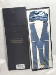 Men's Clip-on Suspenders & Bow Tie - Retro Steampunk Prom Tux - Dusty Blue