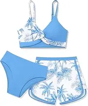 [Patgoal] Girls Swimsuits with Shorts Twist Cross Bikini Set Teen Girls Swimming Bathing Suit with Adjustable Shoulder Straps, Light Blue & Coconut Tree, 13-14 Years