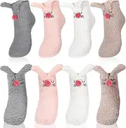[Foaincore] 4 Pairs Easter Bunny Slipper Socks Rabbit Fuzzy Socks Soft Warm Animal Socks Cute Warm Sleeping Socks for Women, Pink, One Size