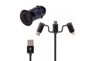 Laser 2.4A USB Car Charger w 3in1 Charging Cable 50cm For iPhone Samsung Black