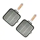 2x 24cm Ribbed Cast Iron Square Steak Frying Grill Skillet Pan Folding Handle