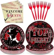96 Pcs Top Secret Party Supplies 350 GSM Disposable Secret Agent Spy Detective Platse Napkins Forks Tableware Set Spy Party Decorations for Boys Kids Birthday Party Escape Room Party Favors Serves 24
