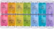 Lancoon Travel Pill Organiser Portable Double Row 14 Compartment Push-To-Open Combination Box Rainbow Colored Plastic, Morning and Evening Am Pm for Fish Oil Medication Vitamins