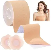 [PIWOSGOL] Adhesive Bra Boob Tape, Breathable Breast Tape Push Up with 2 Reusable Invisible Silicone Breast Nipple Pads, Adhesive Bra Push Up Large for Evening Dresses, Prom Dress, Wedding Dress,