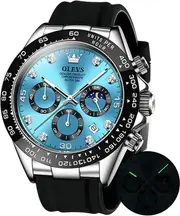 OLEVS Men's Watches Chronograph Multifunction Sport Silicone Luxury Diamond Moon Phase Quartz Male Watch Waterproof Wrist Watch �, Blue, Chronograph,Quartz Watch