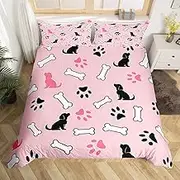 Cute Dog Pattern Duvet Cover,Kids Pink Black White Bedding Set,Dog Paw Print Comforter Cover for Boys Girls Room Decor,Kawaii Animals Bedspread Cover Twin Size with 1 Pillow Case(No Comforter)