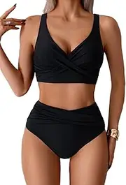 [Aizscvu] Women's Full-Coverage Front Ruched Cross Two-Piece Swimsuit, High-Waist Tummy Control Bikini Set