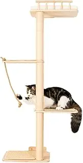 PURRLIS - Wall Mounted Natural Wood Cat Tree | 132 cm Climbing Tower with Scratching Post, Wide Platforms & Perch | Designer Wall Shelf with Cushion, Mat & Scratching Post for Cats