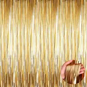 Foil Fringe Curtain Backdrop, 3.3Ft x 9.8Ft Metallic 4 Pack Champagne Gold