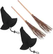 HOOTNEE 4pcs Witch Hat and Broom for Halloween Party Decorations Nonwoven and Broomstick Unique Craft Accessories for Pet Costumes and Dollhouse Miniatures