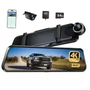 P10 Plus 4K WiFi Mirror Dash Cam, 10" Rear View Mirror Camera with 64GB Card,