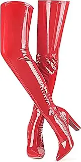 [Wsheliu] Women Thigh High Boots Chunky Heel Over The Knee Boots Patent Leather PU Stretchy Tall Boots Sexy Pointed Toe Fashion GOGO Boots Prom Party Knee High Boots
