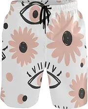 [GuoChe] Men's Beach Shorts Pink Boho Evil Eyes and Daisies Quick Dry Beachwear Holiday Beach Short Mesh Lining