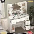 Dressing Table W/ Mirror 5 Drawers Stool Vanity Set Makeup Table Crystal Handle