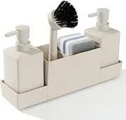 YAUKPH Kitchen Soap Dispenser with Sponge Holder Set for Sink Caddy (Double soap dispensers and 1 Brush) Matte Beige