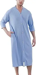 [Jinda] Men's Soft Robe House Coat Nightgown SummerV Neck Comfy 3/4 Sleeve Housecoat Button Down Sleep Shirt Nightshirt Night Bathrobe Blue Medium-Large, Blue, Medium-Large