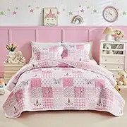 Joyreap Twin Size Quilt Set for Girls, Pink Butterflies n Flowers Patchwork Design, 2 Pieces Soft n Cozy Microfiber Quilt, Bedspread Bed Cover for All Season- 68x88 inches