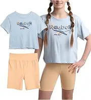 [Reebok] Girls' Active Shorts Set - 2 Piece Dry Fit Performance T-Shirt and Bike Shorts - Summer Activewear for Girls (7-12)