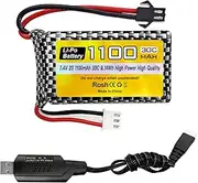 7.4V 2S 30C 1100mAh Rechargeable Lipo Battery with SM-2P Plug Suitable for Various RC Toy Cars Compatible with Most 1/10, 1/16, 1/18, 1/24 Ratio RC Car Truck, with USB Charging Cable