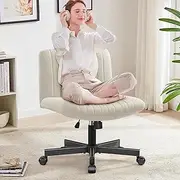 Cross Legged Desk Chair-Wide Seat Fabric Armless Chair Cloth Surface with Wheels, and Upholstered Cushioned Seat,Swivel Desk Chair for Home, Make Up, Bedroom Computer Task Chair, Beige