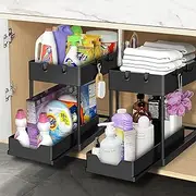 Under Sink Storage - 2 Pack Under Sink Organizer - Sliding Drawer Shelf Pull Out with Hooks Cup for Kitchen Bathroom
