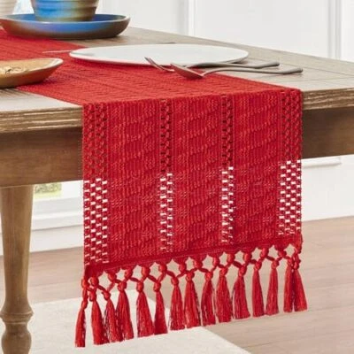 Macrame Style Boho Table Runner Table Runners 90 Inches Long, 12x90 Inch Red