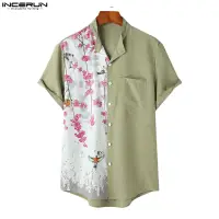 在飛比找蝦皮商城優惠-Incerun 男士韓版時尚拼布植物花卉無領短袖襯衫