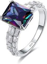 [Merthus] 7x9mm Emerald Cut Simulated Mystic Rainbow Topaz 925 Sterling Silver 3 Stone Engagement Ring for Women