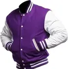 Varsity Letterman Retro Wool Purple & White Leather Sleeves Bomber Jacket Men