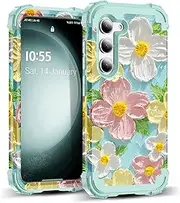 SleekCover for Galaxy S23 Plus Case,3 in 1 Oil Painting Flower Pattern Heavy Duty Shockproof Protection Silicone Rubber Bumper+Hard Plastic Protective Cover for Samsung S23 Plus 6.6",Green Flower