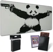 Playmats for Magic: The Gathering MTG Card Game Mat Plus 50 Pcs Card Sleeves, 24 x 14 inch TCG Mat with Stitched Edge for Commander Deck Duskmourn Board Game, Panda with Guns