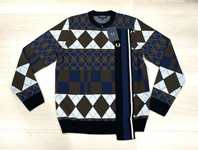 Fred Perry Argyle Wool Jumper Preppy Crew Pullover Knit Sweater Mens XL New