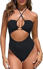 [Fanuerg] Women's Sexy Cutout One Piece Swimsuit Ribbed Cross Halter Strap Swimwear High Cut Bathing Suit