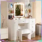 White Dressing Desk + Stool 5 Drawers and LED Lighted Mirror Dresser Table