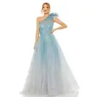 NWT Mac Duggal 20552 Glitter One-Shoulder Ombre Gown with Bow in Blue Size 4