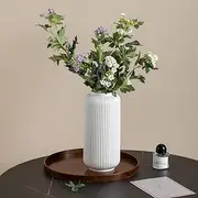 Tall 25 CM White Ceramic Ribbed Vases for Home Decor Table Centerpieces, Geometric Design Decorative Flowers Vase for Pampas Grass