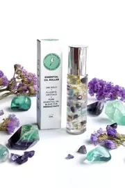 Pure Essential Oil Roller Bottle 10ml with RAINBOW FLUORITE Crystal Gemstones - infused with 24k Gold Flakes