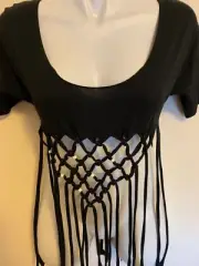NWT See By Chloe Paris Scoop Neck Cropped Tee With Fringe & Beads Sz 38/8 Black