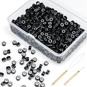 FLEXNOVA Pack of 500 Micro Ring Extensions Accessories, Nano Rings with Silicone Nano Ring Extensions with Threader and Pull Hook Wefts Accessory Set Hair Beads for Hair Extensions Extensions (Black)