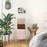 OYEAL Blanket Ladder Farmhouse Towel Rack Holder for Bathroom, Wall Leaning Decorative Quilt Rack with Shelf, Rustic Blanket Storage for Living Room Bedroom Home Decor, White