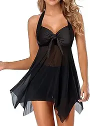 [Holipick] Women Two Piece Swim Dress Underwire Swimsuits Push Up Tankini Halter Bathing Suit Dress with Boyshorts