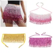 Women Belly Dance Sparkly Sequins Tassels Tiered Mini Skirt Fringed Hip Scarf