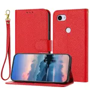 Pixel 3A Case Litchi Grain PU Leather Folio Cover Magnetic Closure Flip Wallet Card Slots Stand Case With Hand Strap, Brown - Red